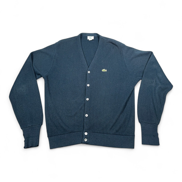 Vintage Izod Lacoste Sweater Adult MEDIUM Blue Cardigan Preppy Golf USA Made 70s - Picture 1 of 10